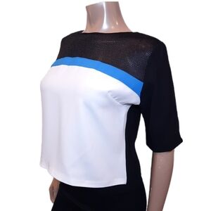 Lefon Color Block Sheer Mesh Half Sleeve Top White Black US Size 10 EU Size 42